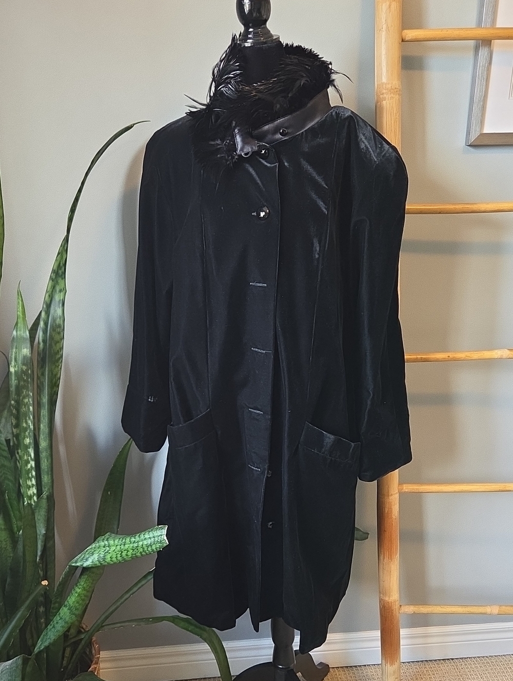 Black Velvet Coat with Ostrich Feather Trim